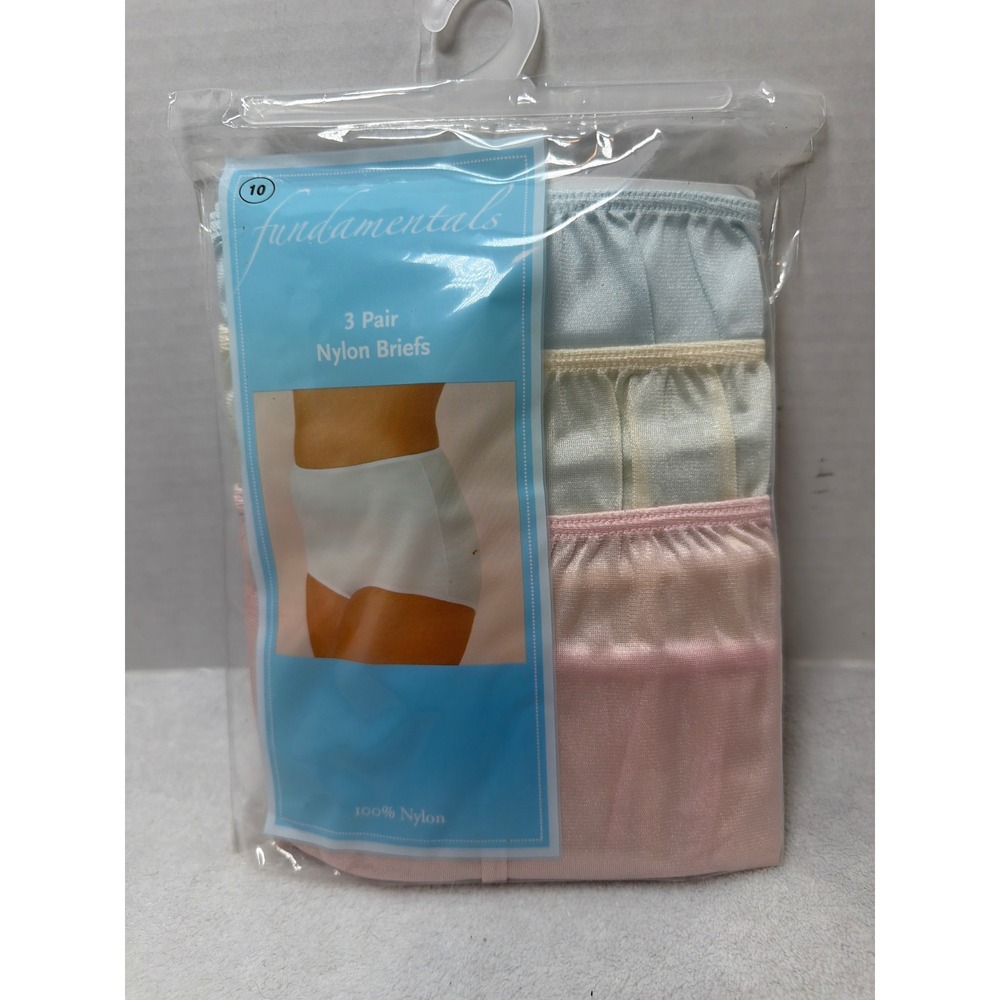 NOS‎ VTG Fundamentals Nylon Briefs Womens Size 10 Multi 3 Pack High Rise Panties